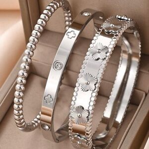 Elegant Stainless Steel Silver-Tone Floral & Beaded Bracelet Set